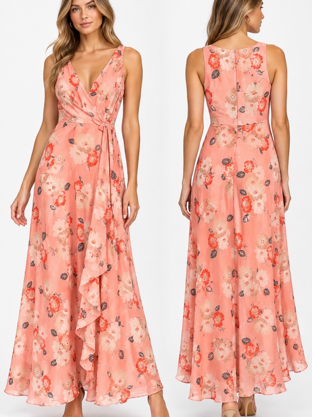 Lauren Ralph Lauren Size 10 Floral Maxi Dress Coral Wrap V-Neck NWT